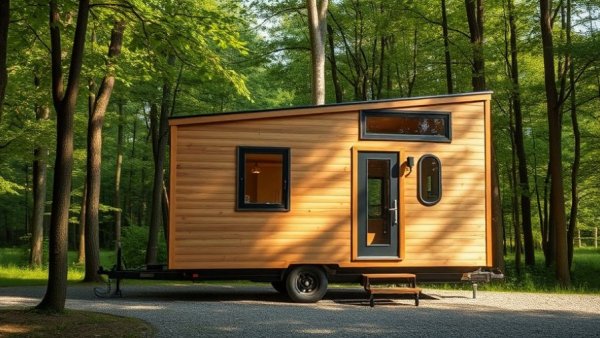 Modern tiny homes on wheels in lush forest setting.