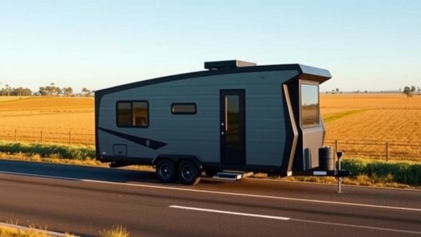 Modern tiny home on wheels in a rural landscape.