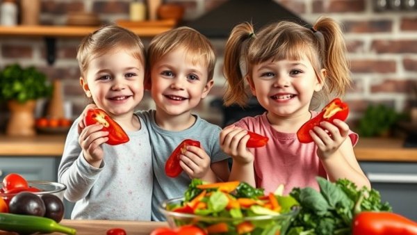 Cheerful children preparing salad, promoting healthy eating habits for children.