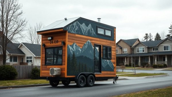 Modern tiny house on wheels with mountain mural, life on the road concept