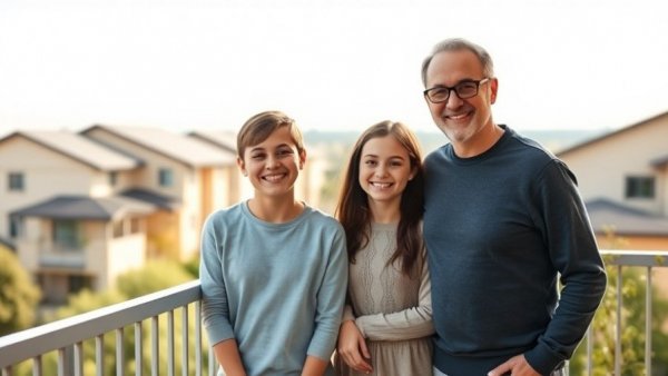 Smiling family of four on a balcony, identity drift in military spouses concept.