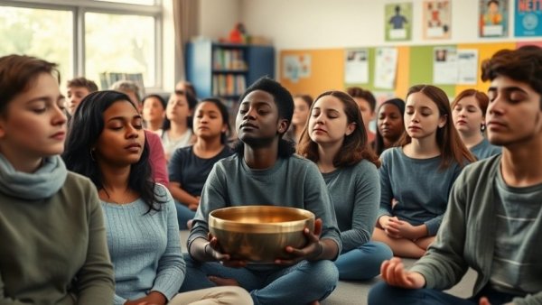 Mindful living in classroom meditation session, students engaged.