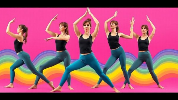 Explore new yoga arm positions with colorful rainbow backdrop