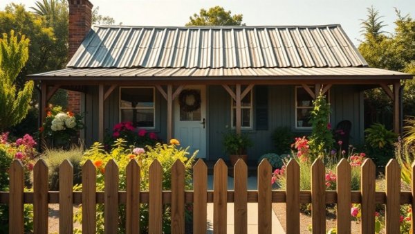 Rustic cottage with sustainable building materials surrounded by lush garden.