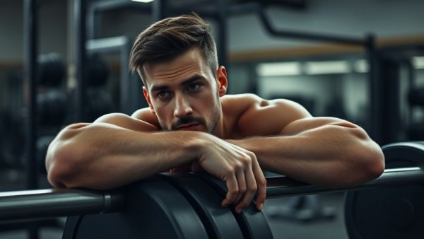 Reflective athlete resting on barbell, symbolizing therapy's impact on mental health.