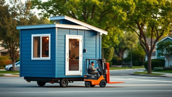 Compact tiny house transported by forklift showcases mobile lifestyles.
