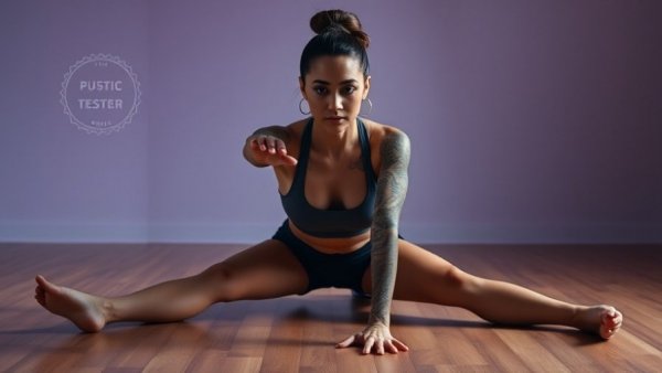 Jump back into Chaturanga pose with tattooed woman on wood floor.