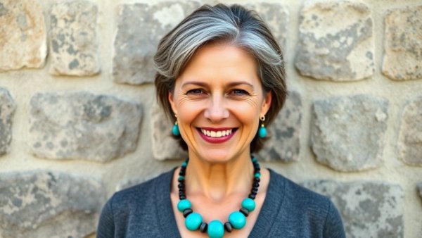Confident middle-aged woman smiling with a turquoise necklace, reclaim your lovability.