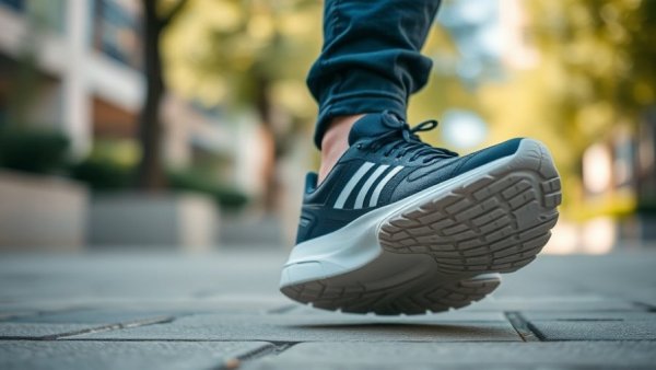 Athletic shoes walking on a path, illustrating gait influence on health.
