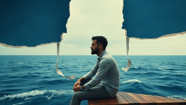 Surreal collage of a man sitting with a torn ocean backdrop, illustrating how to manage clutter effectively.