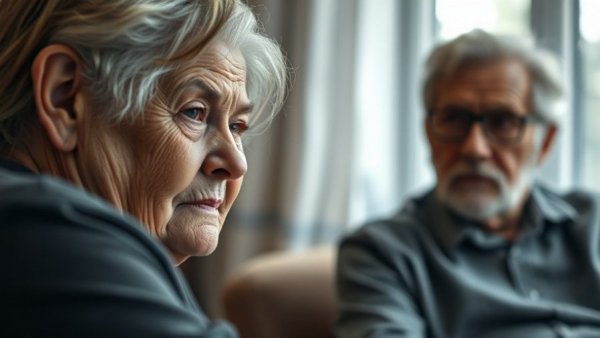 Elderly woman expressing concern interacting with man, Memory Care Teams Support Families