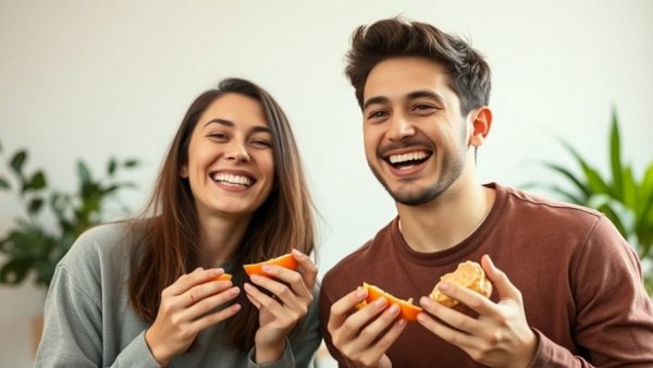 Two people enjoy healthy snacks in a fun, light-hearted setting.
