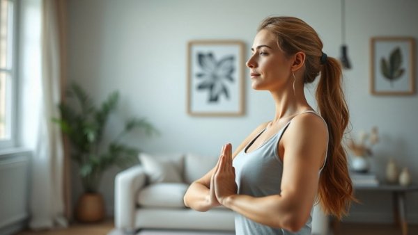 Woman practicing yoga pose indoors for 5-minute yoga practice.