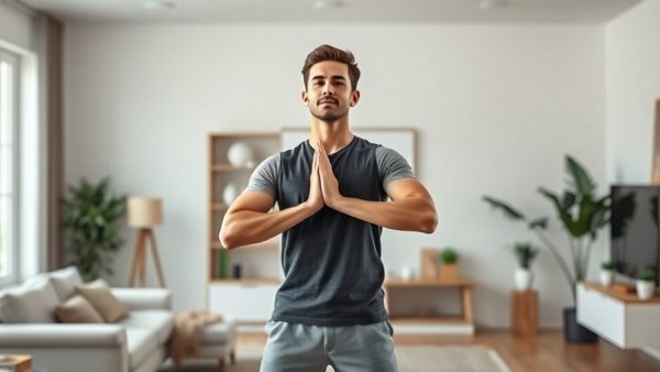 3-Minute Standing Yoga: Young man stretches in home living room.