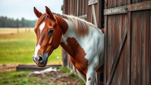 Gentle horse standing by a barn in a serene countryside.