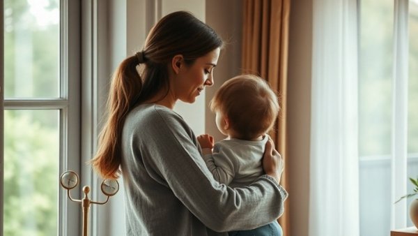 Mother and child gazing out a window, reflecting on deployment.