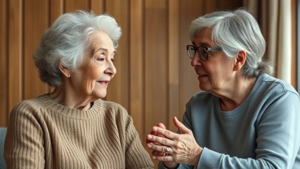 Elderly woman and caretaker in supportive conversation, Community Health Beyond Medical Care.