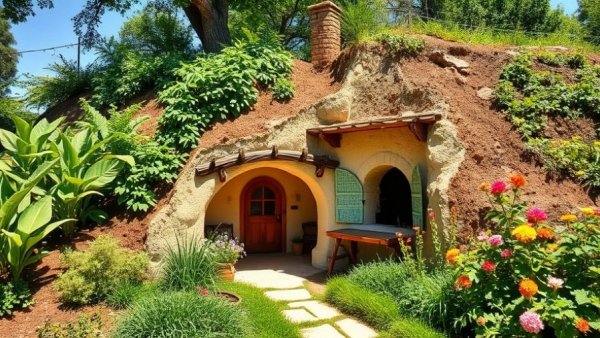 Charming earth-buried home with lush garden and multiple windows.
