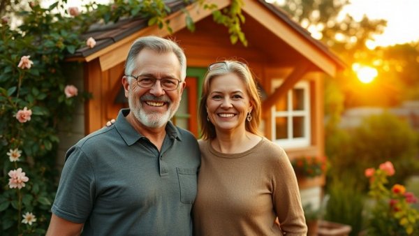 Middle-aged couple embracing tiny homes living outdoors