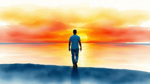 Serene watercolor of a figure walking toward a colorful horizon, symbolizing emotional wellness after a diagnosis.