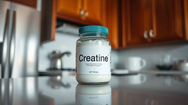 Creatine jar and powder on kitchen counter reflecting UK Peptide Supplier.