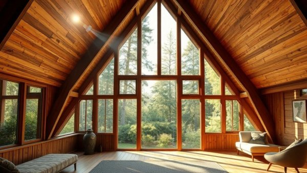 A-frame cabin's interior with large windows and greenery - Off-grid Living