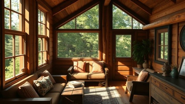 Interior of an off-grid cabin with large windows and greenery view.