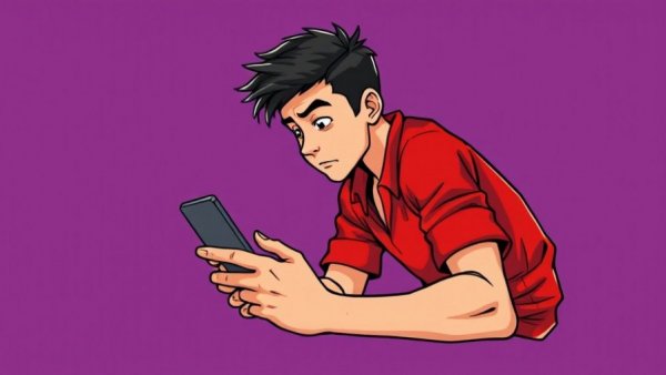 Young man slouched looking at phone, emotional wellness context.