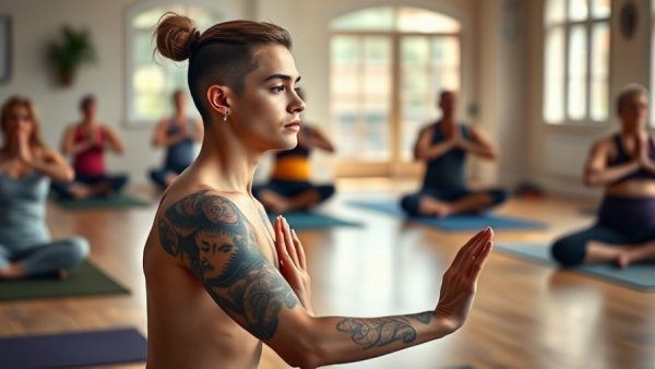 Tattooed yoga practitioner overcoming self-doubt in yoga class.