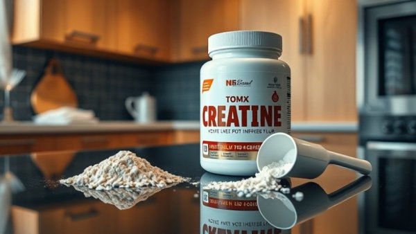 Creatine jar and scoop in a kitchen, UK peptide supplier evaluation.