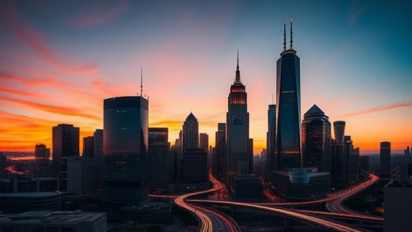 Luxury Time in a vibrant cityscape at sunset with light trails.
