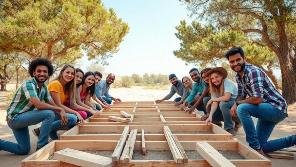 Group working on sustainable building material construction in sunny landscape.