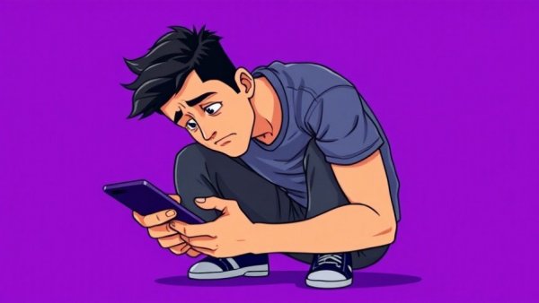 Illustration of stressful day habits: man hunched over phone in stress.