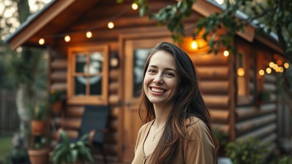 Living off-grid: Woman in front of cozy wooden tiny house in forest.