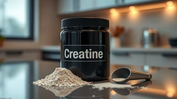 Container of creatine powder, UK peptide supplier concept
