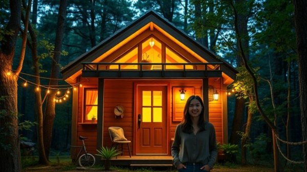 Cozy wooden tiny home living space with a smiling woman in a forest.