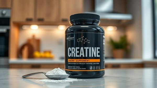 Creatine supplement jar with scoop on a counter, UK Peptide Supplier
