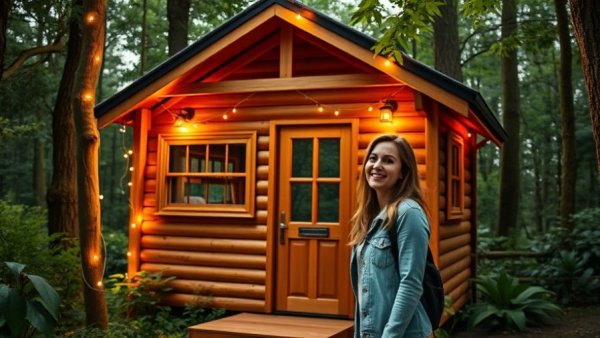 Cozy tiny house living in serene forest environment.