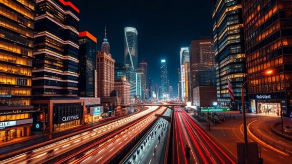 Luxurious city skyline with vibrant traffic at dusk.