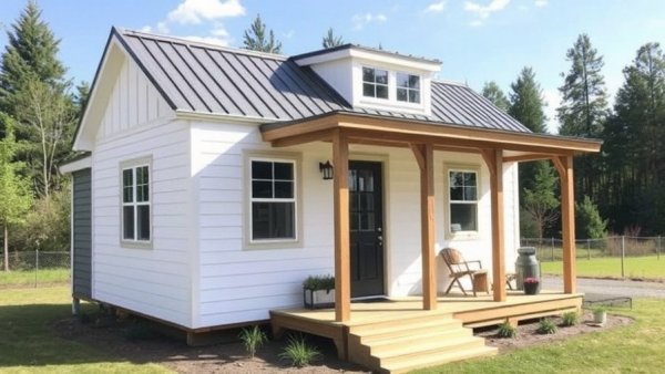 Deer Valley Fawn: A White Farmhouse-Style HUD Tiny Home with a Covered Porch