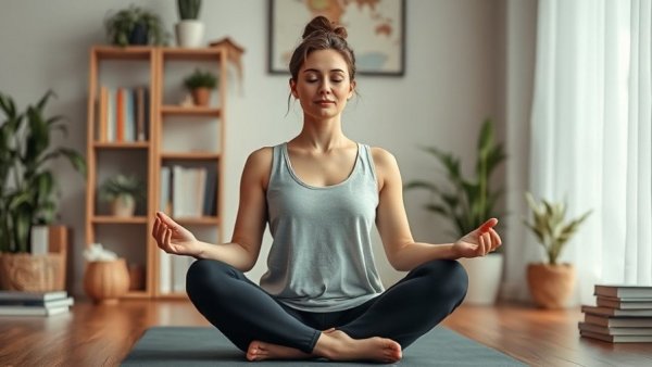 Serene yin yoga meditation scene with books and plants.
