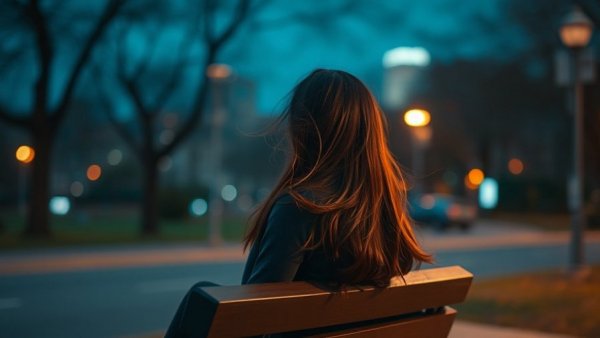 Contemplative scene of a woman sitting on a park bench at night, reflecting on overcoming loneliness as a military wife.