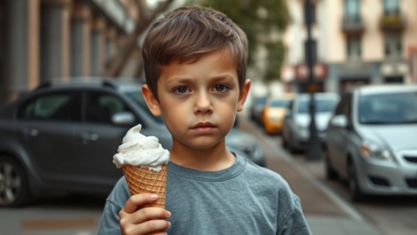 Two kids eating ice cream in an urban setting.