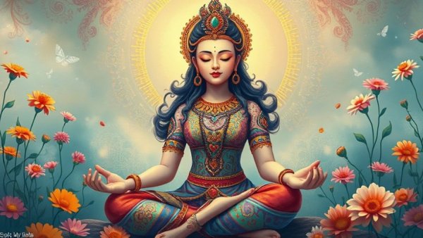 Spiritual goddess illustration with environmental themes on book cover.