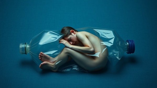 Surreal art of human inside a bottle, symbolizing relief of disappointment.