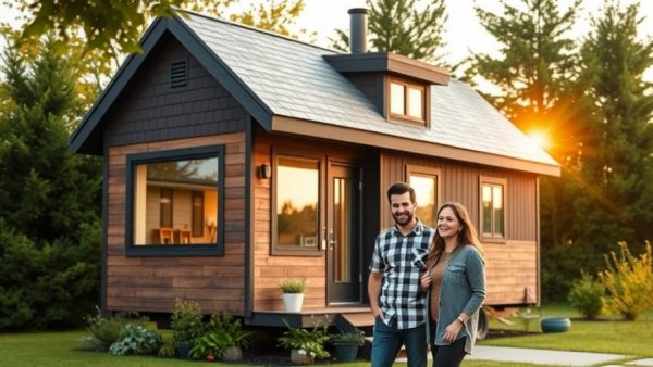 Modern tiny house design with couple outside embracing nature