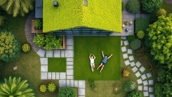 Aerial view of sustainable structures with green roof and garden