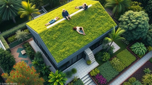 Aerial view of sustainable building with green roof and garden path