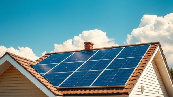 Angled view of rooftop solar panels against blue sky.