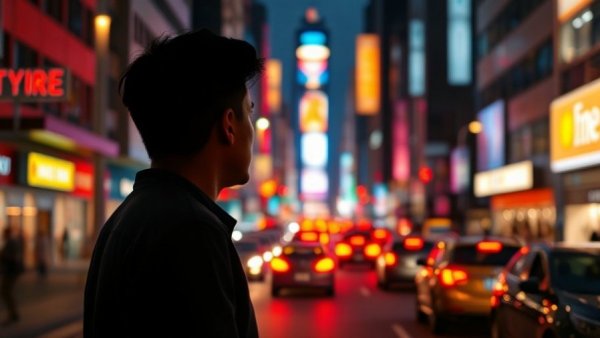 Lone figure in vibrant city scene exploring emotional wellness